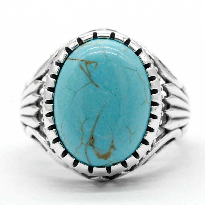 Natural Turquoise Stone Ring for Men 925 Sterling Silver Vintage Statement Oval Blue Stone Men’s Ring Turkish Handmade Jewelry - Image 5