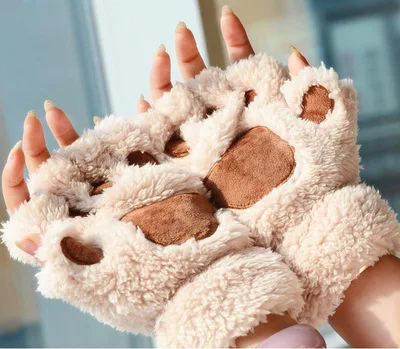 Kawai теплый мягкий плюшевый короткий костюм без пальцев половина пальца пушистый медведь кошка перчатки женские милые кошачья лапа с когтями плюшевые варежки - Цвет: 3