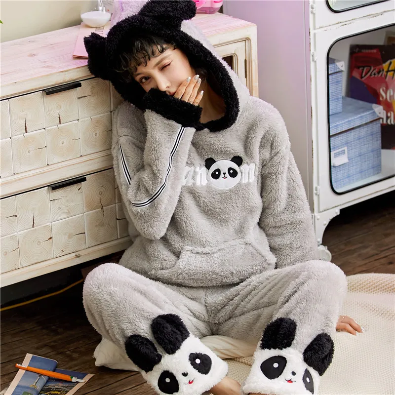 Autumn Winter Womens Pajama Set Thickened Flannel Pajamas Sets Long Sleeve Cartoon Sleepwear Home Wear for Girls Pj Set Pyjams - Цвет: rong xiongmao hui