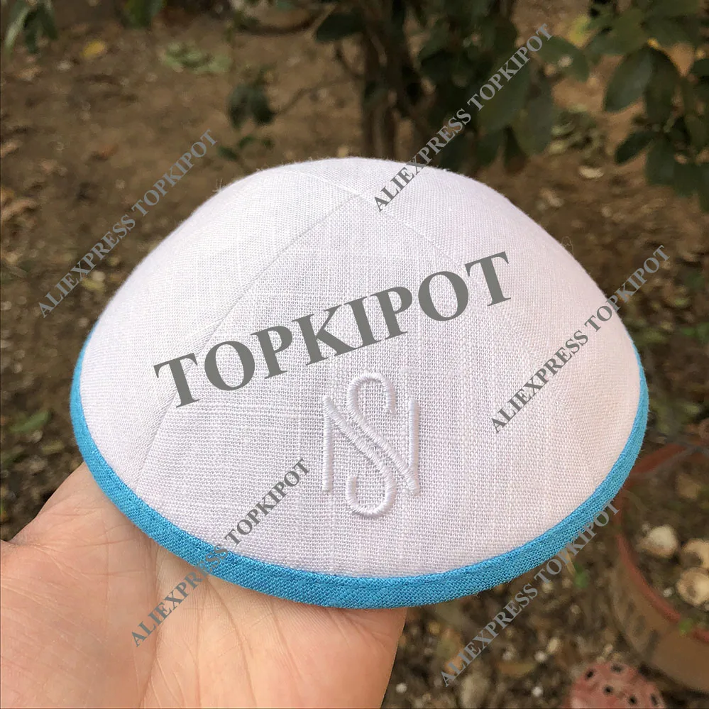 Белый льняной кипа с бирюзовой каймой для свадьбы