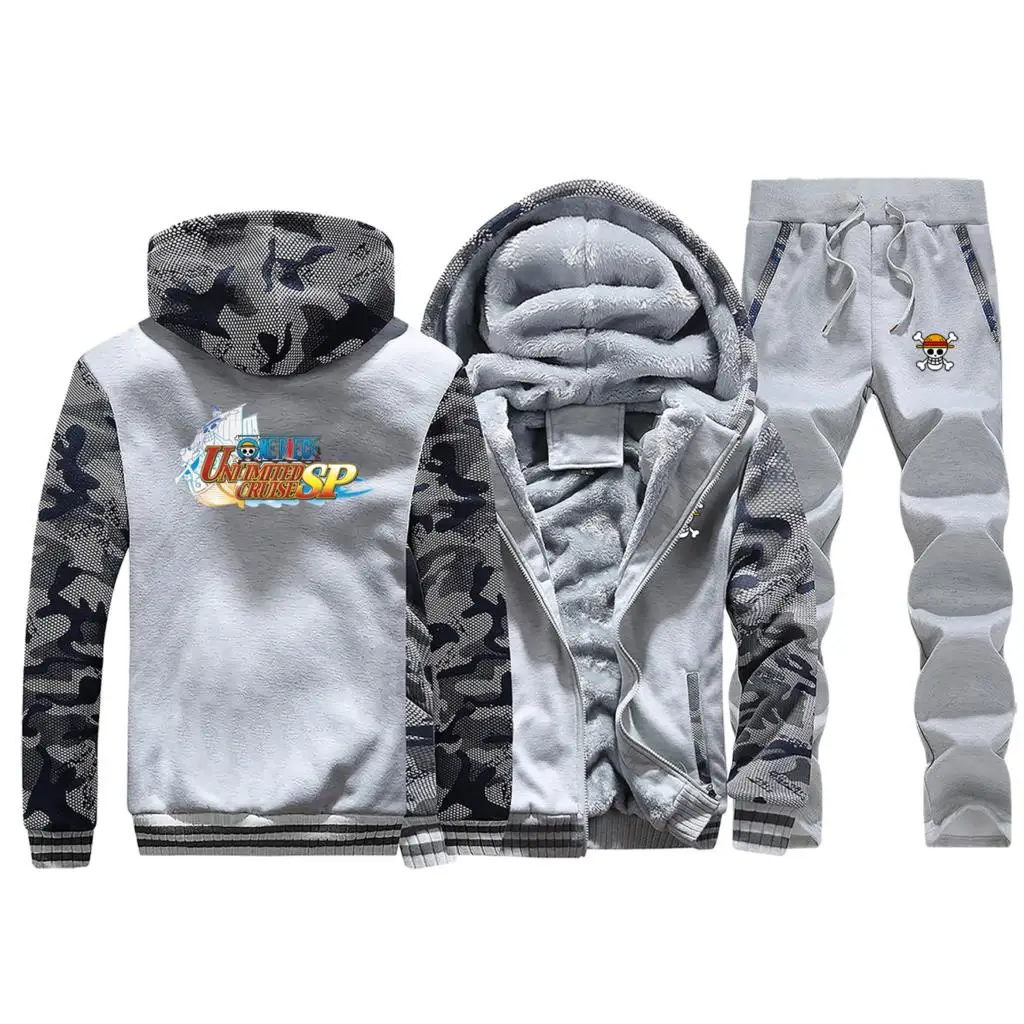 Light Gray Мужские толстовки с капюшоном реглан, коллекция года, зимнее пальто, утепленный костюм японского аниме, камуфляжные флисовые куртки, толстовки+ комплект из 2 предметов, штаны - Color: Light Gray