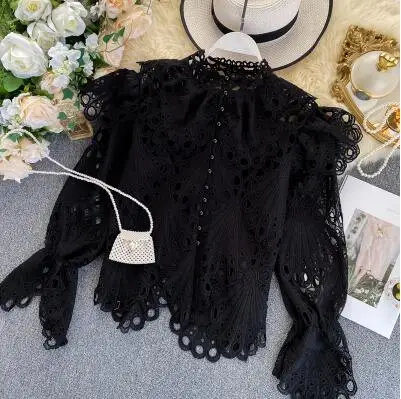 

Spring summer women's hollow out stand neck fashion shirt tops female vintage ruffles long sleeve shirt blouse TB4050