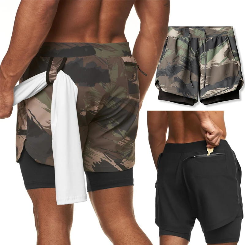 

2022 Camo Running Shorts Men 2 In 1 Double-deck Quick Dry GYM Sport Fitness Jogging Workout Men Sports Short Pants