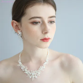 

Delicate Freshwater Pearls Bridal Jewelry Set Silver Color Floral Wedding Accessories Handmade Women Prom Necklace Earrings Set
