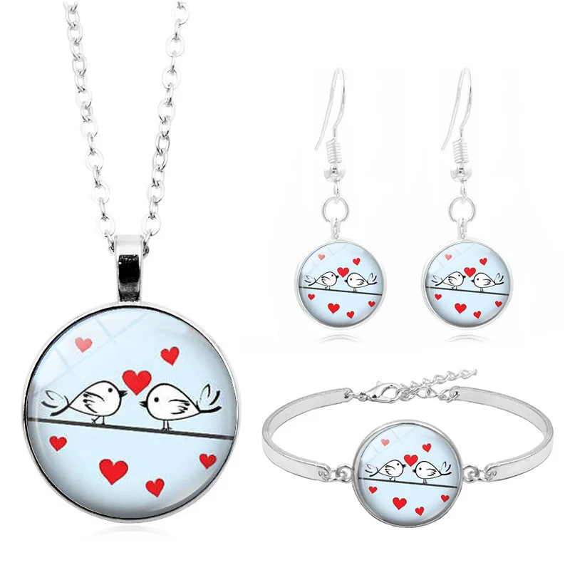 Love Birds Art стеклянный кабошон Модный Ювелирный Набор серебряное ожерелье браслет набор бижутерии из серег для женщин Подарочный набор