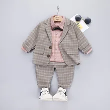 Комплект из 3 предметов для мальчиков, одежда в клетку для малышей розовая рубашка+ пальто+ штаны детский осенний костюм джентльмена, одежда для детей