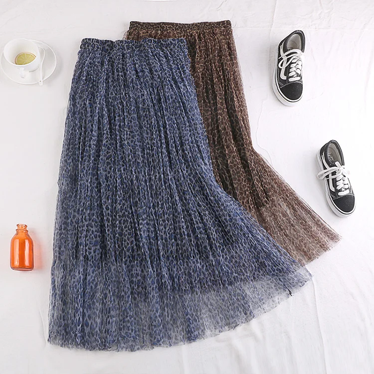 Винтажная эластичная плиссированная сетчатая юбка миди с высокой талией для женщин, женские юбки с леопардовым принтом, Ретро стиль saia saias faldas