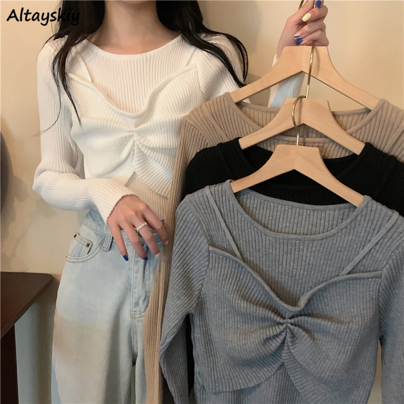 

Autumn Women Pullover Sweaters Design Ruched Slender Jumpers Femme Bottoming Pullovers Lazy Stretchy Chic Versatile Knitted Tops