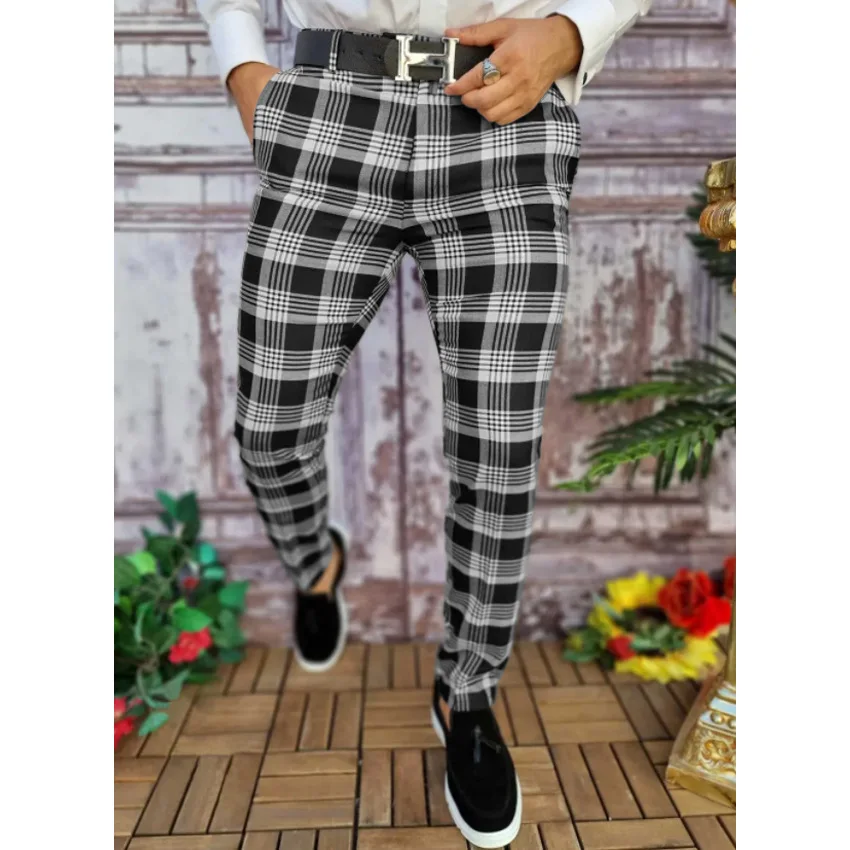 Men's Plaid Pants Business Fashion Streetwear Trousers Male Smart
