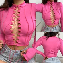 Cheap Stitch Patchwork Ribbed Crop Top Women Sexy Fitted Hollow Out Lace Up Tshirts Harajuku Y2K Tops Cheap Stitch Patchwork Ribbed Crop Top Women Sexy Fitted Hollow Out Lace Up Tshirts Harajuku Y2K Tops