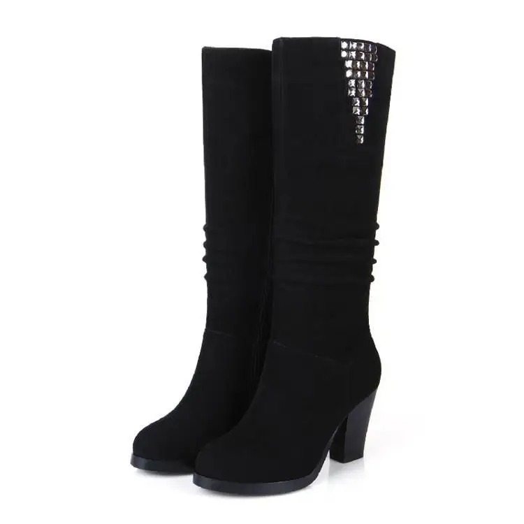 

High heel boots side zipper boots in the round head thick with diamond woman boots cow the velvet 8 cm