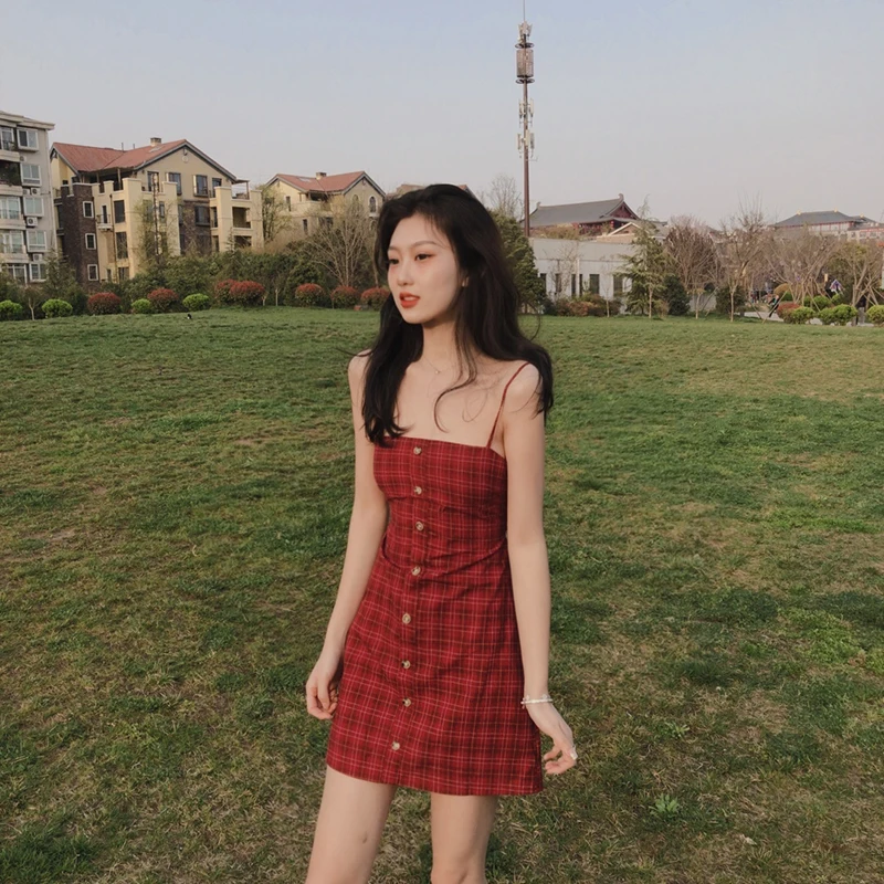 Dress Women Retro Red Plaid Summer Lace Up Vacation Elegant Girls Ulzzang Midi Sleeveless Strap Dresses New Fashion Street Style white dresses for women