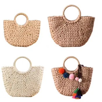 

Fashion Women Girls Summer Beach Handbag Shopping Tote Bag Lady Female Casual Drawstring Woven Bag Travel Holiday Top Handle Bag