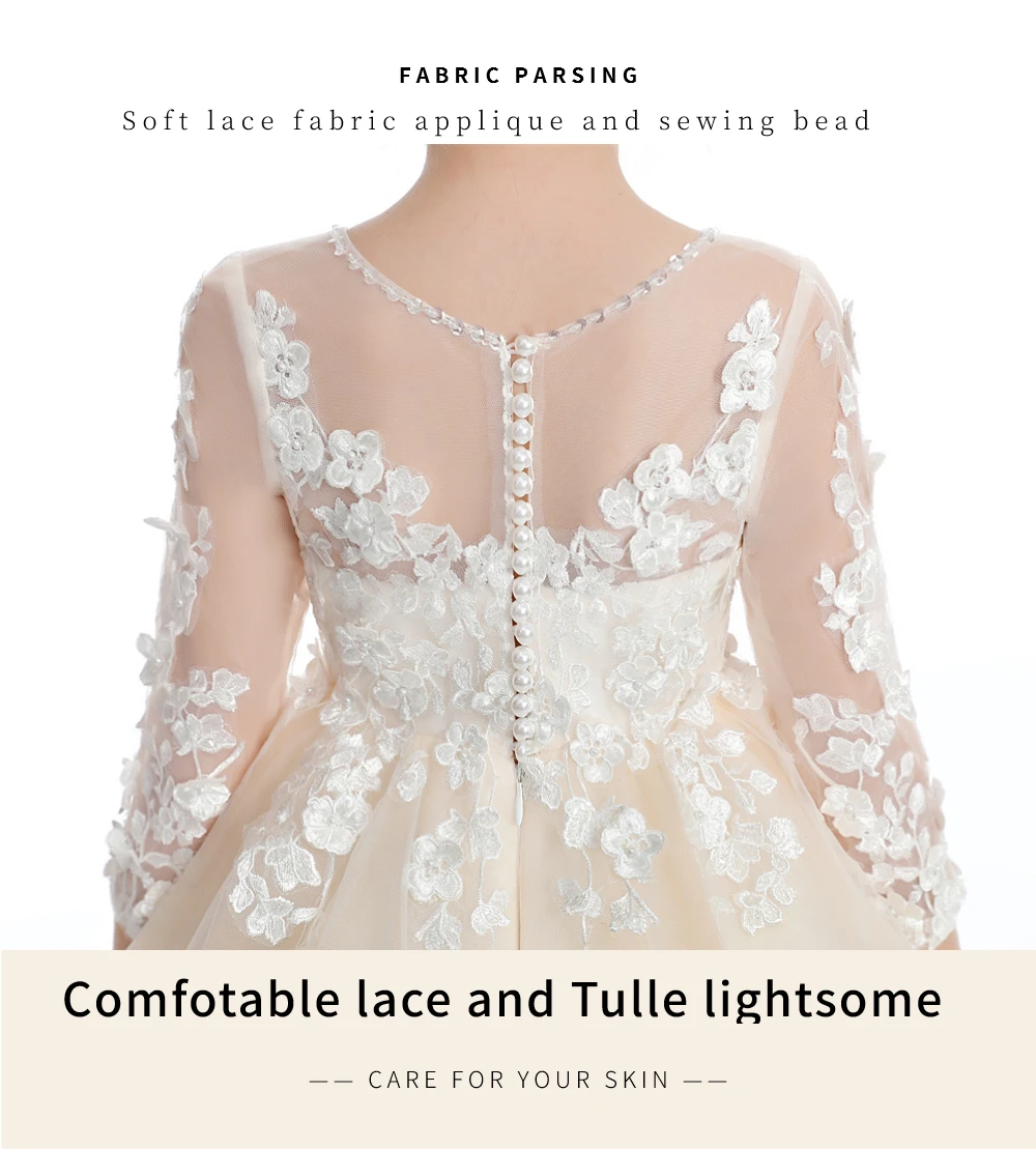 Puffy Tulle Appliques Baby Ball Gown Flower Girl Dresses Long Sleeve Princess Dress Wedding Party Dress First Communion