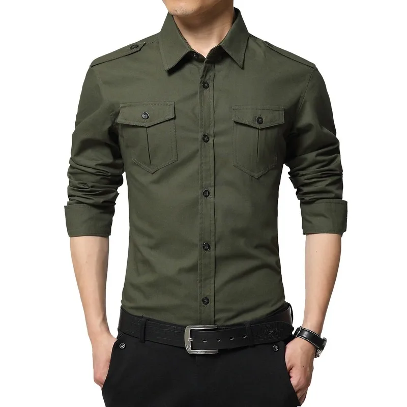 Camisas de algodón de larga para camisa informal militar, ropa calle de un solo pecho, camisas sólidas con múltiples bolsillos - AliExpress