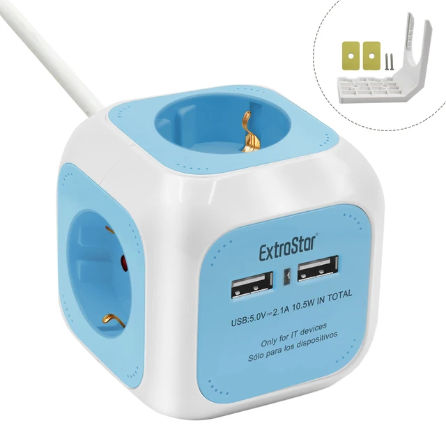 ExtraStar®Power Cube Cable 1.5 m Power Strip 4 Outputs, with 2 for USB charging 5V/2.1A, white/blue/red/mixed Blue