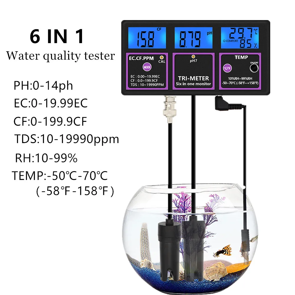6 в 1 PH/Temp/EC/CF/RH/TDS измеритель PH тестер онлайн многопараметрический качества воды EC