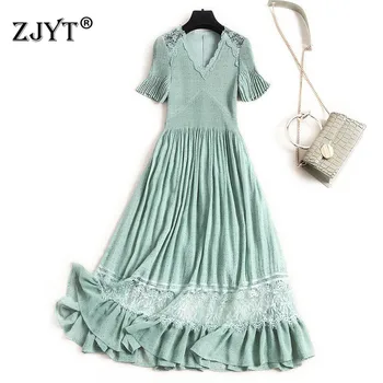

Summer New 2020 Europe Fashion Women Dress Short Sleeve V Neck Lace Patchwork Mid Calf Casual Chiffon Dresses
