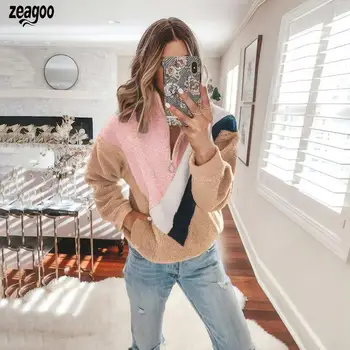 

Women Fashion Turn Down Collar Long Causal Winter Sleeve Contrast Color Patchwork Pullover Tops Zipper