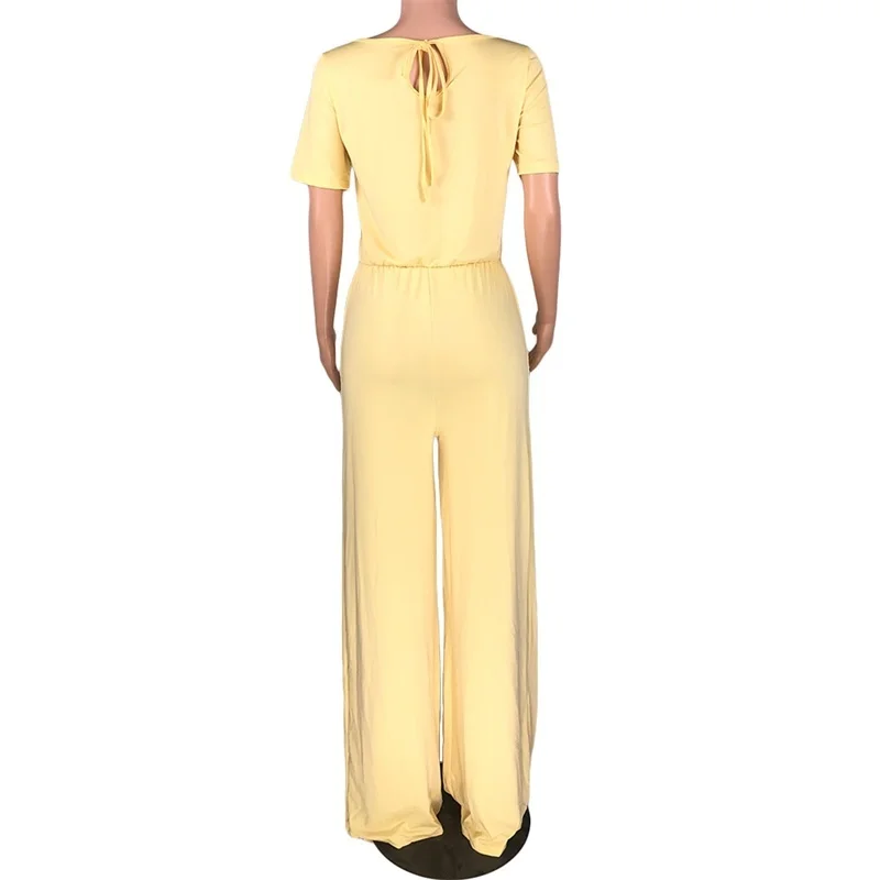 Short Sleeve Casual Summer Jumpsuit Women Round Neck Wide Leg Long Rompers Waist Drawstring Loose Jumpsuits