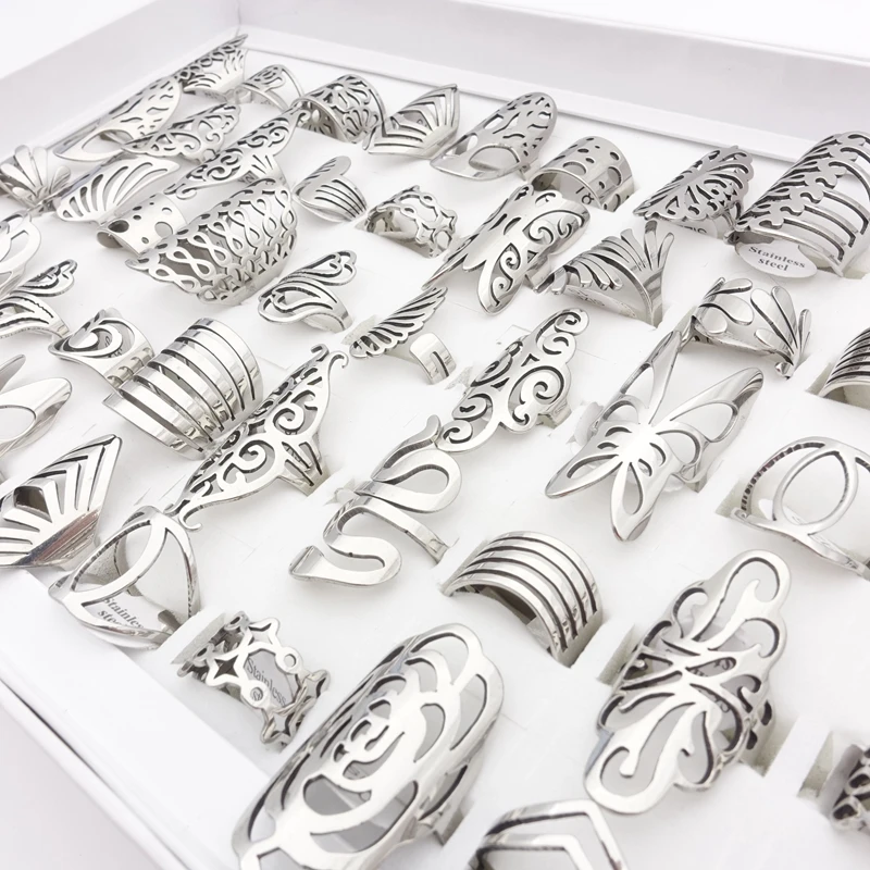 20pcs Fashion Stainless Steel Rings for Women Mix Styles Carved Flowers Butterfly Unique Party Jewelry Lot