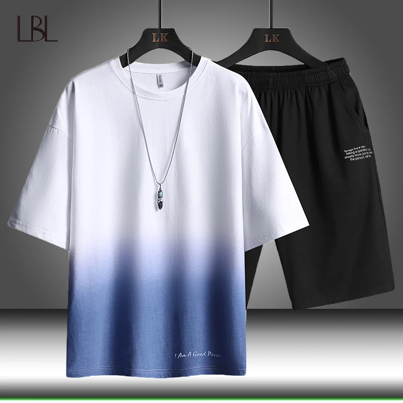 Clothing Men Suit Shorts Sporting-Suits Set T-Shirt Fitness 2piece-Set Male Summer Casual