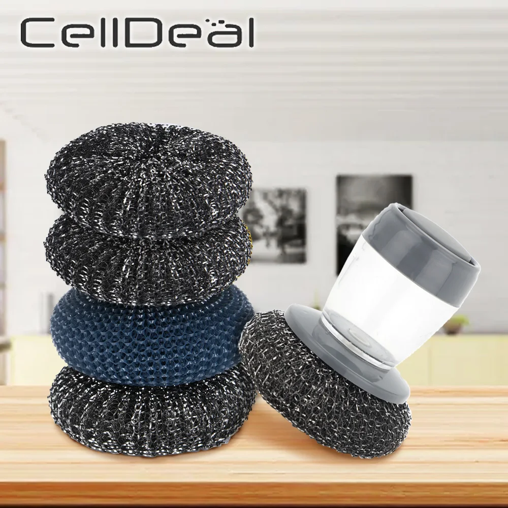 Steel Dish Scrubber Soap Dispensing Steel Brush Storage Set Scouring