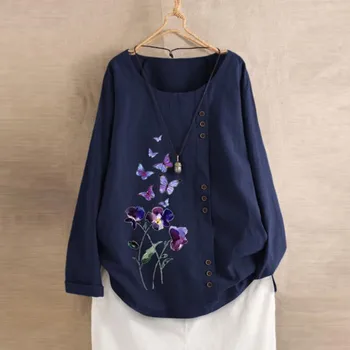 

Plus Size Women Long Sleeve Cotton Linen O-Neck Botton Blouse Top T-Shirt
