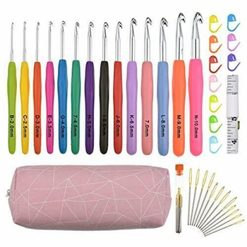 

Aluminium Crochet Hooks Set Rubber Handle Knitting Needls Tools Gauge Scissors Stitch Holder Hook With Bag DIY Clothes Scarf
