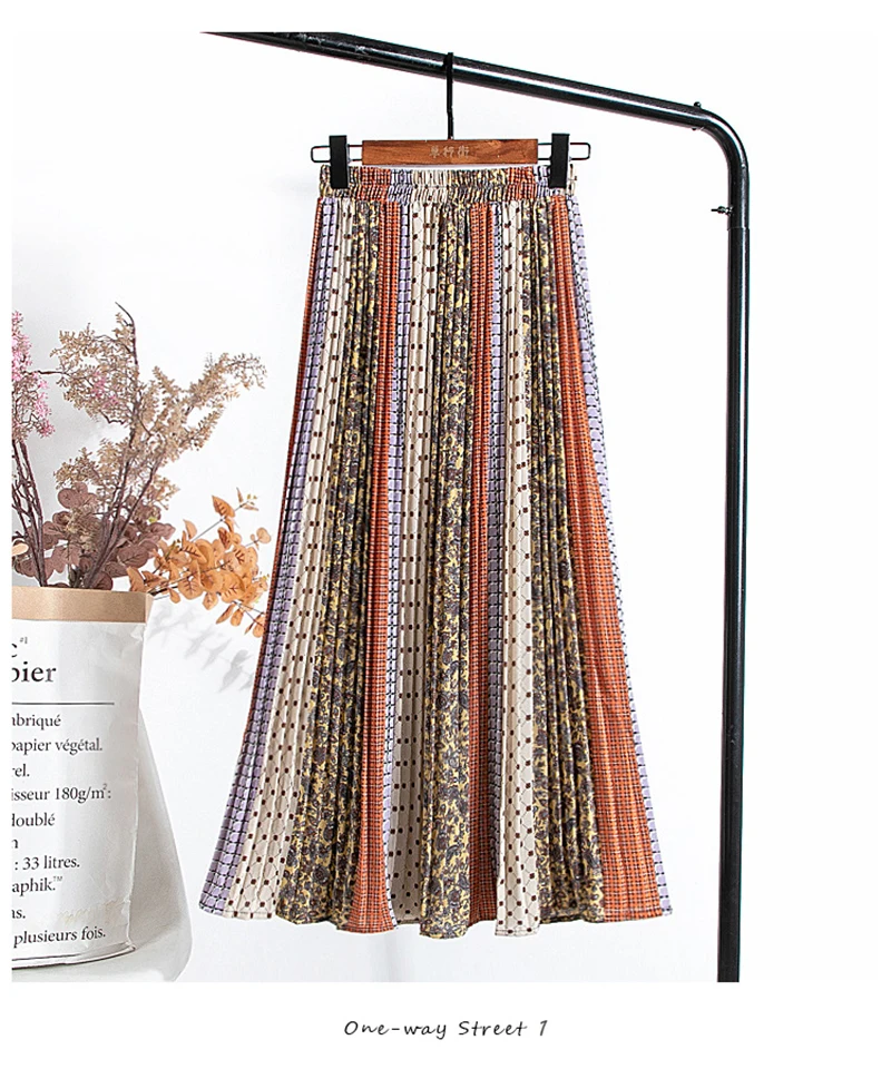 TIGENA אופנה שיפון ארוך קפלים חצאית נשים 2021 אביב קיץ בציר ניגודיות הדפסת אסתטי גבוהה מותן חצאית נקבה ליידי