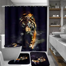 Нескользящие Коврики для ванной комнаты Комплект пьедестал ковер+ крышка унитаза+ коврик для ванной и водонепроницаемый Душ занавески прохладный черный тигр стиль