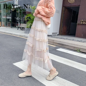 

Beiyingni Tutu Skirt Velvet Patchwork Fashion Casual Korean Pleated Midi Skirts Women High Waist Sweet Princess Saia Jupe Femme
