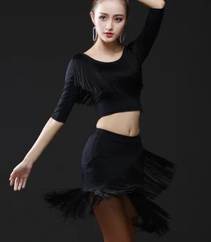 

Girls Latin dance tassel suit dancing skirt in older children's performance competition suit in sleeve BF029