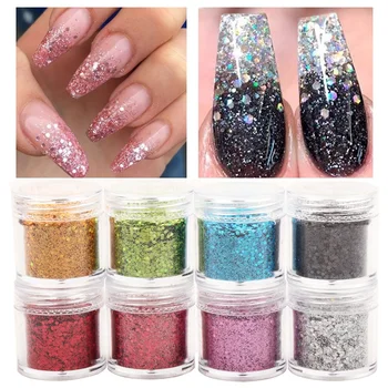 

Rikonka 1 Box Nail Art Glitter 3D Holographic Glitter Silver Mix 8 Colors Nail Glitter Powder Sequins Powder Nail Art Decoration