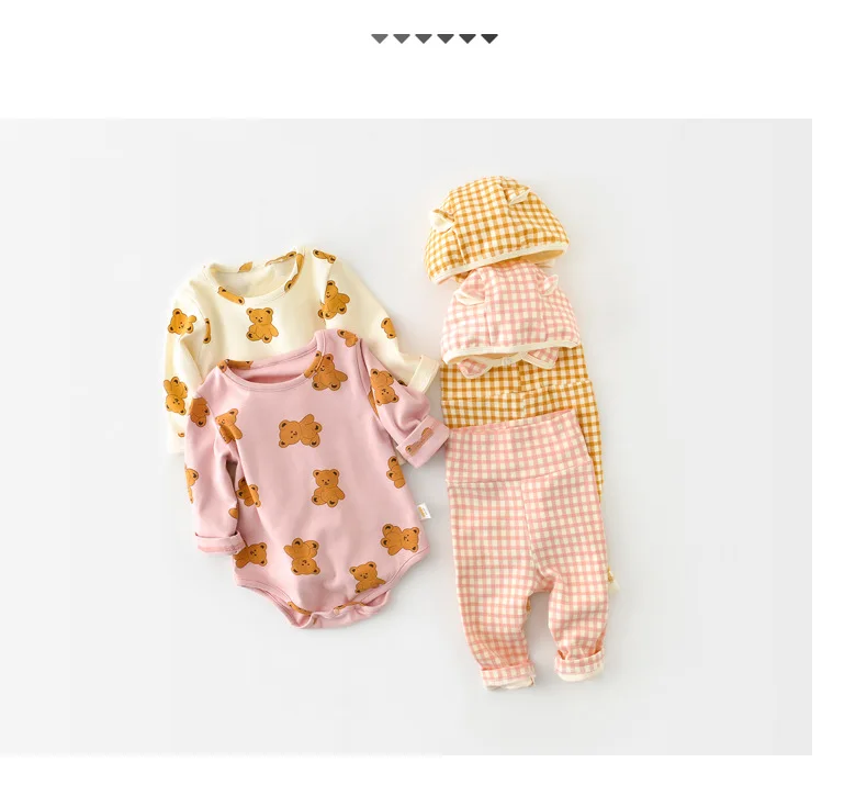 new baby clothing set	 MILANCEL 2022 Spring New Baby Clothing Set  Bear Bodysuits And Plaid Pants Bear Hat 3 Pcs Infant Girls Suits new baby clothing set	