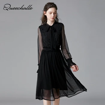 

5XL Plus Size Elegant Dress Women 2020 Spring Vintage Bow Ties Collar Long Sleeve Lace Dress Ladies Mesh Patchwork Pleated Dress