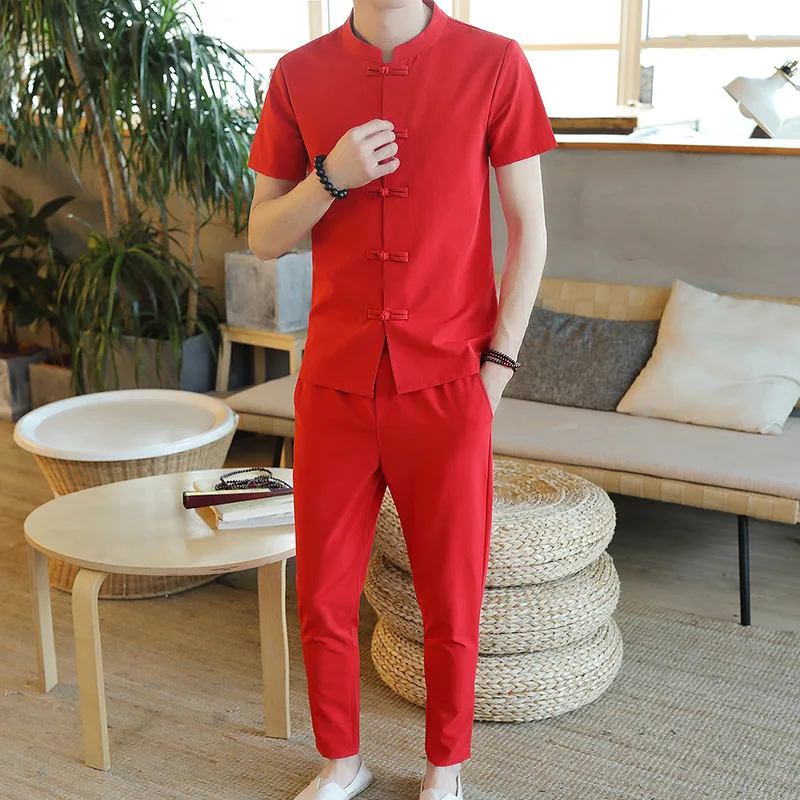 

2019 New Style Frog Chinese-style Summer Youth Short Sleeve Flax Set Capri Pants Cardigan Two-Piece Set