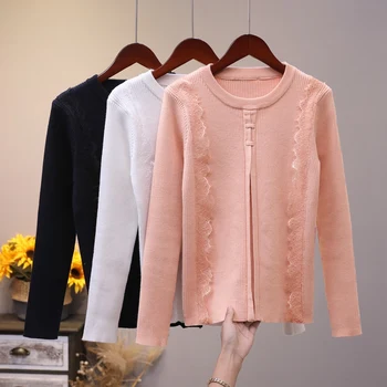 

Lace stitching sweater autumn and winter new slim fit small crowd design thick warm women's knitted bottom sweater