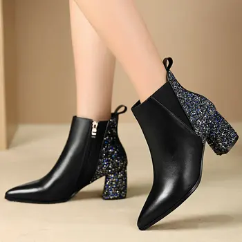 

New Arrival Genuine Leather Zipper Square High Heels Party Night Club Shoes Woman 2020 Winter Big Size Women Ankle Boots