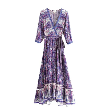 

Women's Fshion Flower Print Dress Cotton Blended Summer V-neck Half-sleeve Lace-up Beach Dress for Holiday Orange Purple Printed