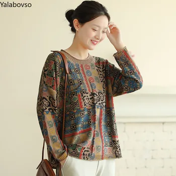 

2020 retro cotton knitwear sweater women's round neck pullover bottomer loose casual tops for women Computer Knitted pullovers