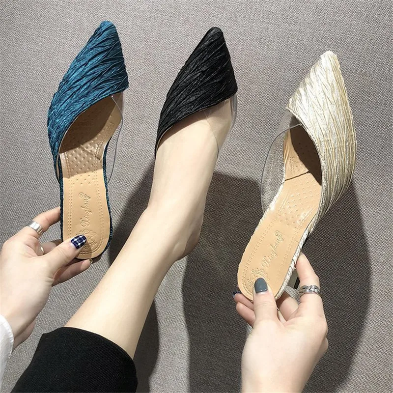 

2019 Summer Women High Heels Slipper Pointed Toe Dress Shoes PVC Pumps Bling Bling slippers Woman Shoes zapatos mujer mules