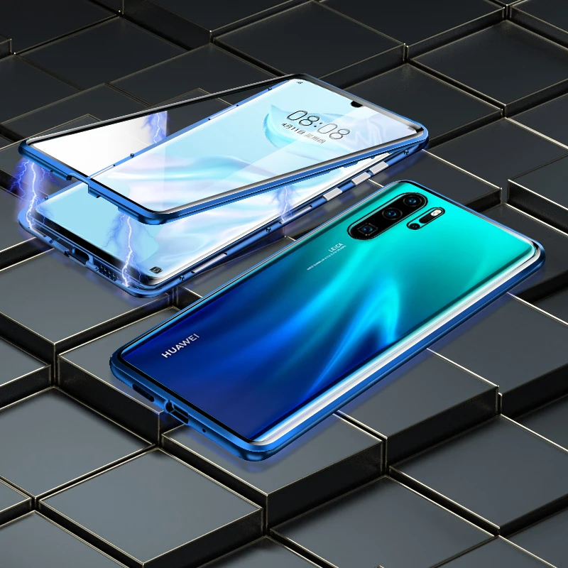 Двусторонний стеклянный чехол для huawei P30 Pro P30 Lite чехол 360 ° защитный бампер Металлический Магнитный чехол для huawei P30 чехол - Цвет: Синий