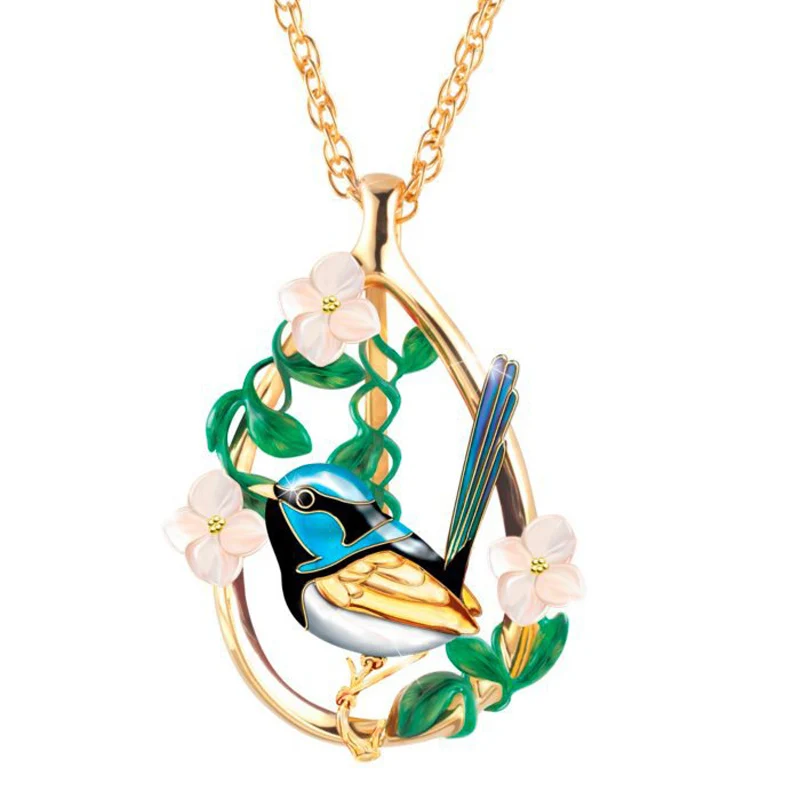 Yoziron-Blue-Bird-Flower-Leaf-Dripping-oil-Animal-Necklace-Water-Drop-Shape-Gold-Side-Pendant-Necklace (2)