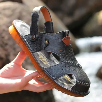 

Summer New Handmade Sewing Sandals Men Casual Split Leather Soft Slippers Breathable Rubber Sole Wear-resistant Sandal Shoe