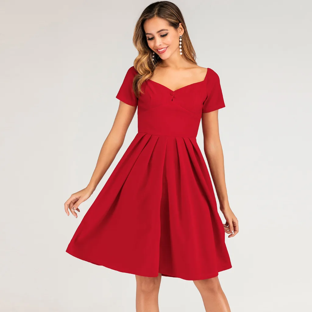 Feitong модное женское платье, Vestidos, ТРАПЕЦИЕВИДНОЕ, одноцветное, короткий рукав, v-образный вырез, галстук, повседневное, элегантное, мини, вечерние платья, платье женское - Цвет: Красный