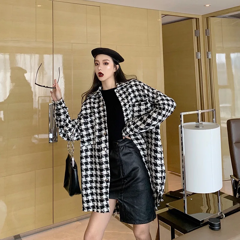 

Photo Shoot Korean-style Autumn And Winter Loose-Fit Fold-down Collar Mid-length Thousands of Birds Woolen Coat