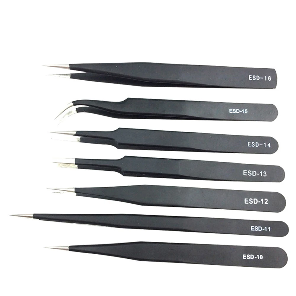 Anti-static ESD Stainless Steel Tweezers 1/6 PCS Maintenance Tools Industrial Precision Curved Straight Tweezers Repair Tools