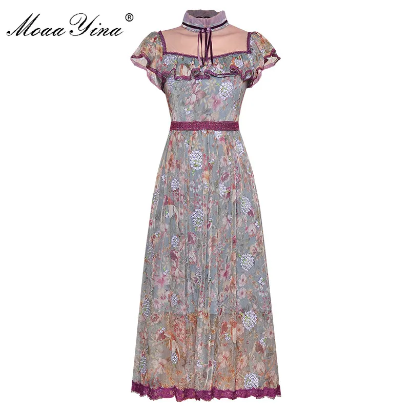 

MoaaYina Fashion Designer dress Summer Women's Dress Stand collar Ruffles Short sleeve Floral-Print Embroidery Elegant Dresses
