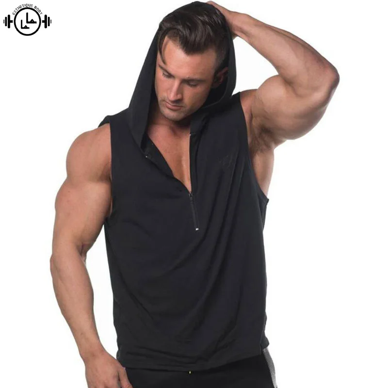 

Gym Men Muscle Running Vest Cotton zipper Sleeveless Tops Fitness Men's Workout Singlets Tank Top Sport Bodybuilding Clothing